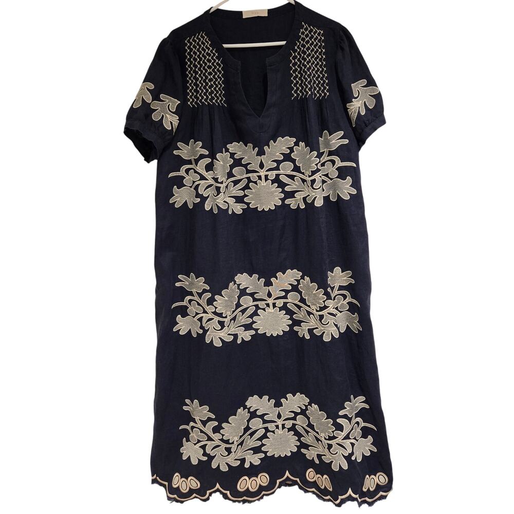 MAR Brazil Navy 100% Linen Embroidered Midi Shift Dress L Boho Mediterranean - Picture 2 of 10